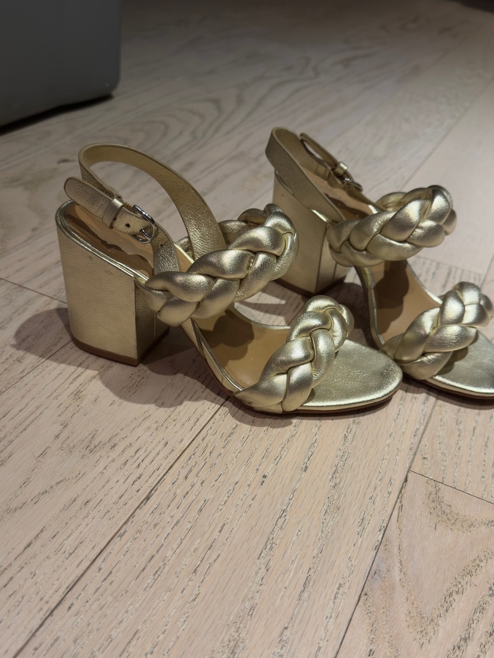 Rebecca Minkoff Candace Metallic Gold Braided Block Heel Sandals